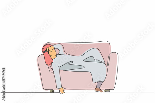 Single one line drawing unhappy Arab businessman tired sleepy mood resting on sofa. Frustrated worker holding his head lying on sofa. Stressed, anxiety on failure. Continuous line draw design vector