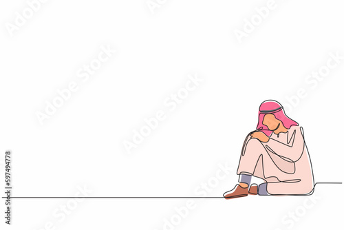 Continuous one line drawing very sad Arab businessman sitting alone on the floor. Depressed young man disorder, sad, sorrow, disappointment symptom. Single line draw design vector graphic illustration