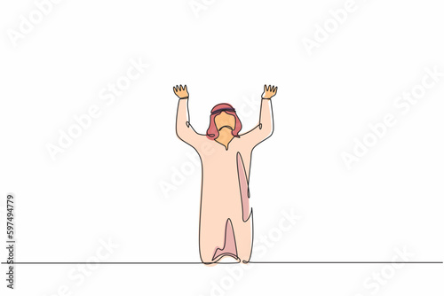 Single continuous line drawing sad shocked Arab businessman kneeling and pray. Losing money, economy crisis, bankrupt, depressed. Male standing on his knees. one line draw design vector illustration