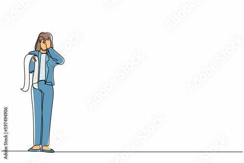 Single one line drawing financial problems and bankruptcy concept. Sad depressed businesswoman standing thinking about finding money for paying bills during crisis. Continuous line draw design vector © Simple Line