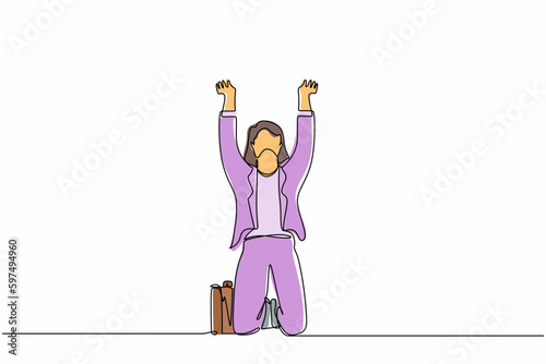 Continuous one line drawing sad shocked businesswoman kneeling and pray. Losing money, economy crisis, bankrupt, depressed. Female standing on her knees. Single line design vector graphic illustration
