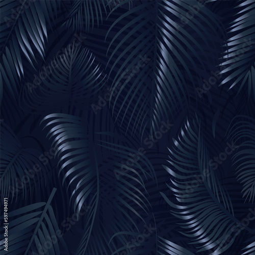 Blue palm tree leaves on dark background. Tropical palm leaves, floral seamless pattern vector illustration.