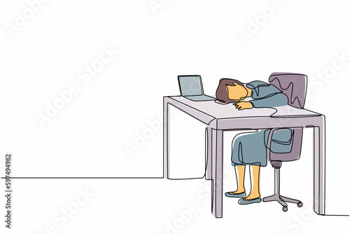 Single continuous line drawing exhausted sick tired female manager in office sad boring sitting with head down on laptop. Frustrated worker mental health problems. One line draw graphic design vector