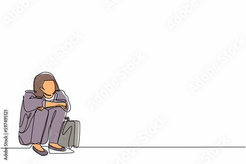 Continuous one line drawing depressed businesswoman suffer emotion sadness melancholy stress with briefcase sitting in despair on the floor. Worker feeling blue, stress. Single line draw design vector