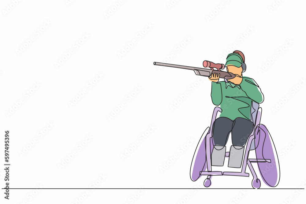 Continuous one line drawing female athlete on wheelchair shooting sport
