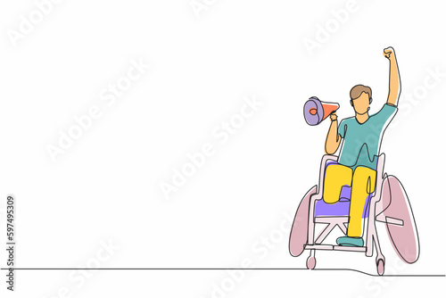 Single one line drawing happy disability young man in wheelchair celebrating winning of football team with megaphone. soccer fan wheelchair user. Continuous line draw design graphic vector