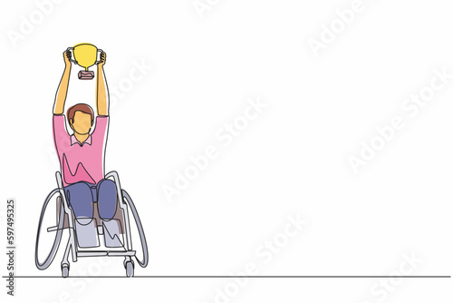 Single continuous line drawing disability man in wheelchair hold golden cup trophy winner. person rehabilitation. Game tournament, sport training, challenge. One line graphic design vector