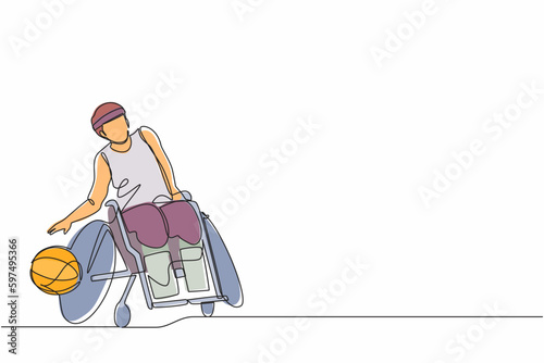 Continuous one line drawing athlete playing basketball sitting in wheelchair. man with paralyzed legs training with ball. Person with disability doing sports. Single line draw design vector