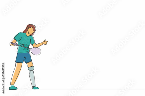 Single continuous line drawing female athlete playing badminton. woman with prosthetic leg holding racket. Person with disability performing sports activity. One line graphic design vector