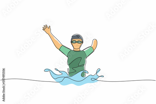 Single one line drawing swimming person with disability athlete playing in tournament games. sportswoman, sport, success, championship. Continuous line draw design graphic vector illustration