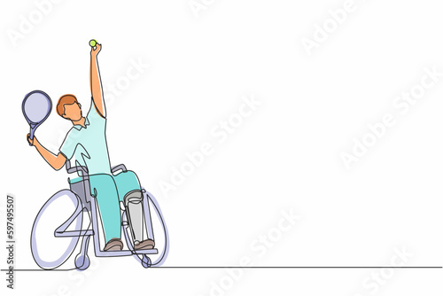 Continuous one line drawing wheelchair tennis sport. athlete in wheelchair with racket. Active people. Man. Disability, social policy. Social support. Single line draw graphic design vector