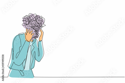 Single one line drawing businesswoman with round scribbles instead of head. Distressed worker hand on head gesture have overwork. Woman suffer headache, workload. Continuous line design graphic vector