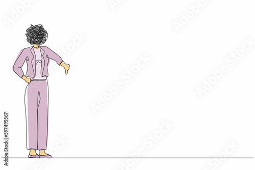 Single one line drawing businesswoman with round scribbles instead of head. Confused female showing thumbs down sign. Disagreement, disgust and negative expressions. Continuous line draw design vector