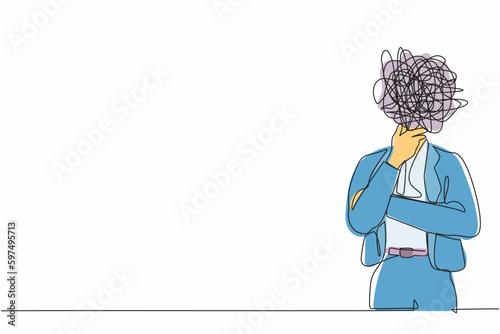 Single one line drawing businesswoman with round scribbles instead of head. Female manager in blazer standing in thoughtful pose holding her chin thinking. Continuous line draw graphic design vector