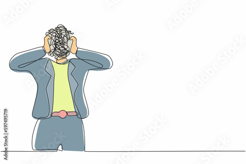 Single continuous line drawing businesswoman with round scribbles instead of a head. Confusion and mess feeling. Stressed woman working in office with problem. One line draw design vector illustration