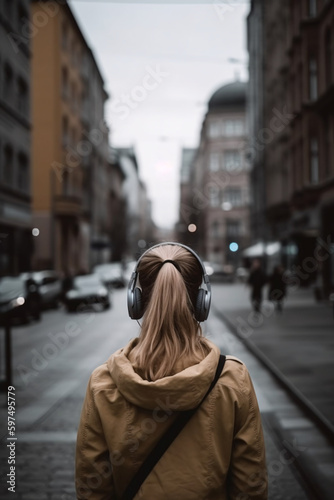 Back view of a woman listening to music or a podcast with headphones in the city, Unusual journey to new cities and countries concept, AI generated