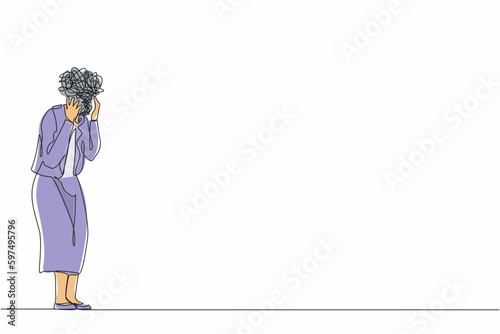 Single continuous line drawing businesswoman with round scribbles instead of head. Distressed worker hand on head gesture have overwork or deadline. Woman suffer headache. One line draw design vector