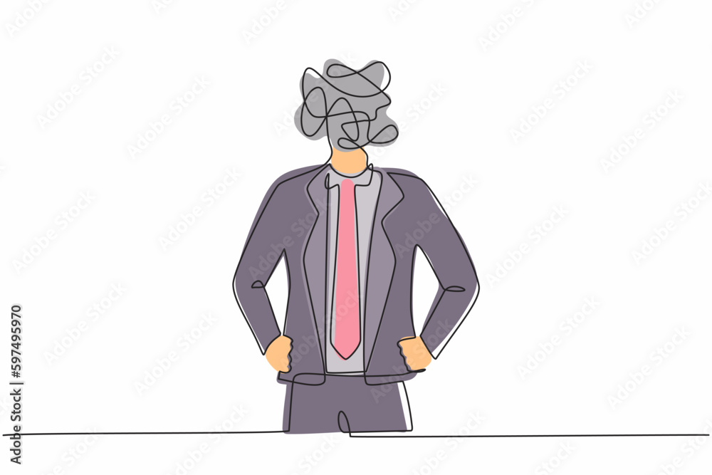 Single continuous line drawing businessman with round scribbles instead of a head. Male executive manager in formal suit standing and holding hand on hip. One line graphic design vector illustration Single continuous line drawing businessman with round scribbles instead of a head. Male executive manager in formal suit standing and holding hand on hip. One line graphic design vector illustration