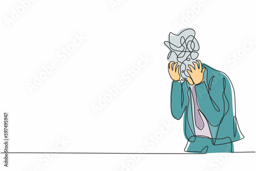 Continuous one line drawing businessman with round scribbles instead of head. Distressed worker hand on head gesture have overwork. Man suffer headache, workload. Single line graphic design vector