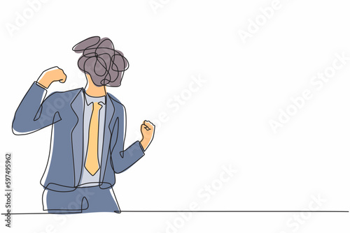 Single one line drawing businessman with round scribbles instead of head. Angry male manager in suit standing showing threatening gesture with clenched fist. Continuous line draw graphic design vector