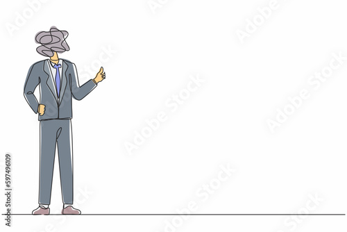 Continuous one line drawing businessman with round scribbles instead of a head. Male manager dressed in formal suit showing thumbs up sign. Deal, like, agree, approve. Single line draw design vector