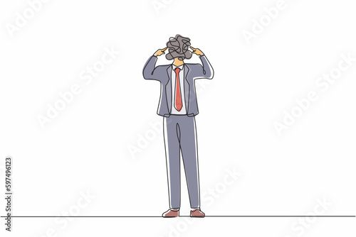 Single continuous line drawing businessman with round scribbles instead of a head. Male manager covering his ears with fingers. Person closing or plugging for loud noise. One line draw design vector