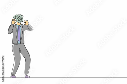 Single one line drawing businessman with round scribbles instead of head. Man shocked. Stop gesture with palm hands, shouting. Human emotions, expressions. Continuous line draw design graphic vector