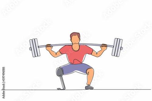 Single one line drawing disabled man weightlifter with amputated legs. Athletic weightlifting workout with barbell muscles sport strongman beautiful body fitness. Continuous line design graphic vector
