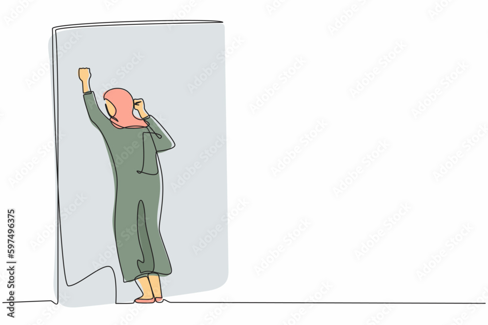 Single one line drawing Arab businesswoman crying sad lost her opportunity. Depressed office worker wailing on wall losing her job. Depressive disorder, sorrow. Continuous line design graphic vector Single one line drawing Arab businesswoman crying sad lost her opportunity. Depressed office worker wailing on wall losing her job. Depressive disorder, sorrow. Continuous line design graphic vector