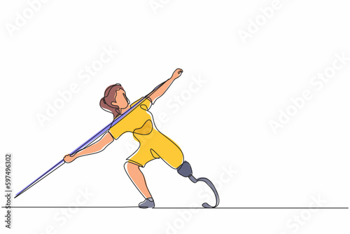 Continuous one line drawing disabled athlete throwing spear with prosthesis leg. Disabled sportswoman with amputated foot. Disabled sport, disability games. Single line draw design vector graphic
