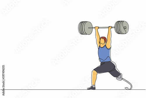Continuous one line drawing disability male powerlifter lifting barbell. Disabled sportswoman workout at gym. Professional weightlifting exercise. Single line draw design vector graphic illustration