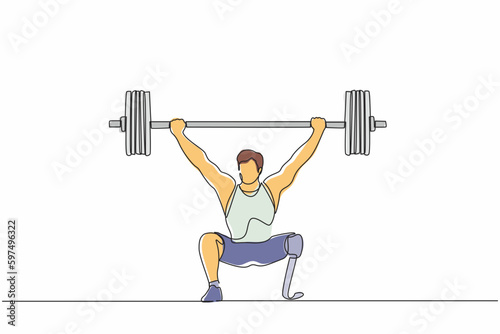 Single one line drawing disabled man weightlifter with amputated legs. Male amputee, heavyweight sportsman. Bionic prosthetic improving life quality. Continuous line design graphic vector illustration
