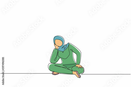 Single one line drawing Arab businesswoman who is asking questions or is confused because she gets into problem. Running out of idea, daydreaming, sad, depressed. Continuous line design graphic vector