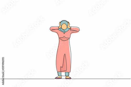 Single continuous line drawing stressed Arab businesswoman with headache, hands on her head, migraine, health problems, pain head, emotion, stress work, tired, suffer. One line graphic design vector