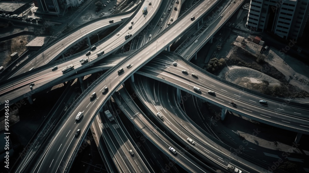 Aerial drone top view of highway multilevel junction interchange road at rush hour with moderate. Generative AI Aerial drone top view of highway multilevel junction interchange road at rush hour with moderate. Generative AI