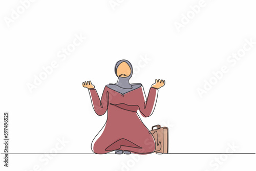 Continuous one line drawing Arab businesswoman despair suffer grief. Female manager sad gesture expression. Professional burnout syndrome. Depression disorder, sad, sorrow. Single line design vector