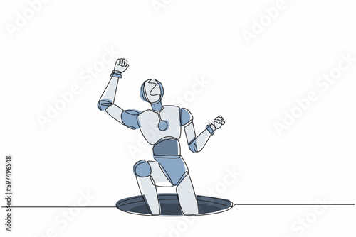 Single continuous line drawing robot fell into manhole underground sewer. Robotics artificial intelligence technology. Electronic technology industry. One line draw graphic design vector illustration