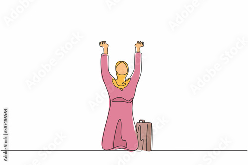 Single one line drawing sad shocked Arabian businesswoman kneeling and pray. Losing money, economy crisis, bankrupt, depressed. Female standing on her knees. Continuous line draw design graphic vector