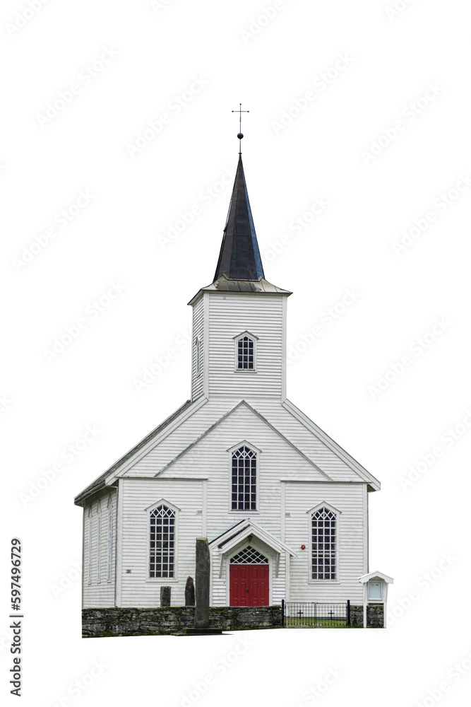 White church in the country on white background transparent PNG