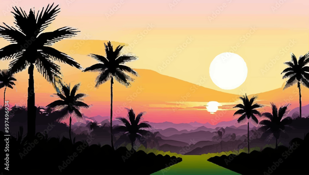 Silhouette of palm trees at sunset background. Vector illustration.