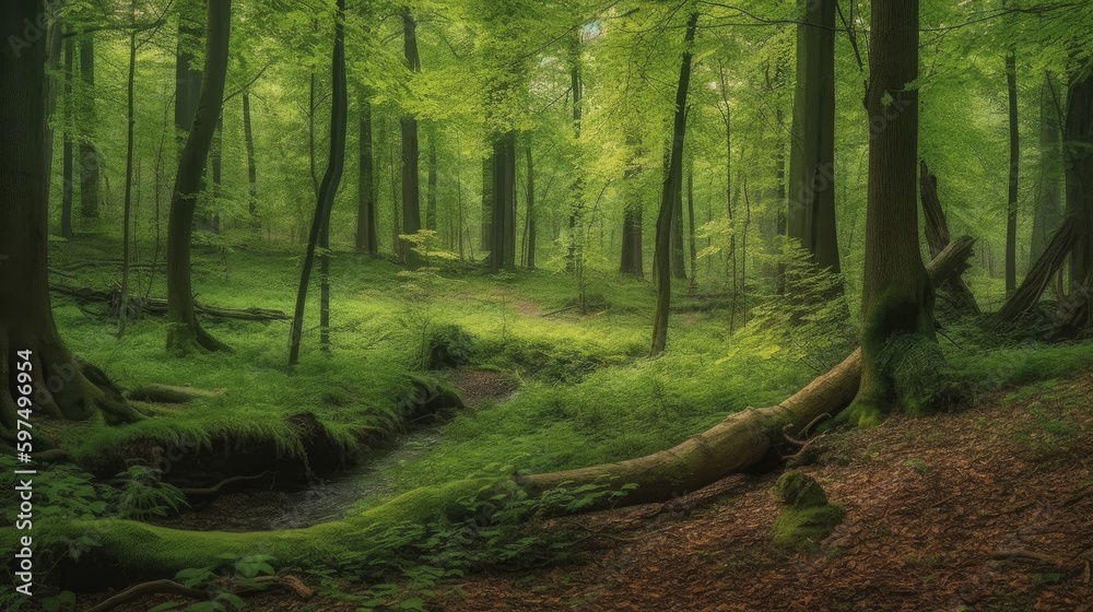 Obraz premium Subtle shades of green in a forest landscape. AI generated