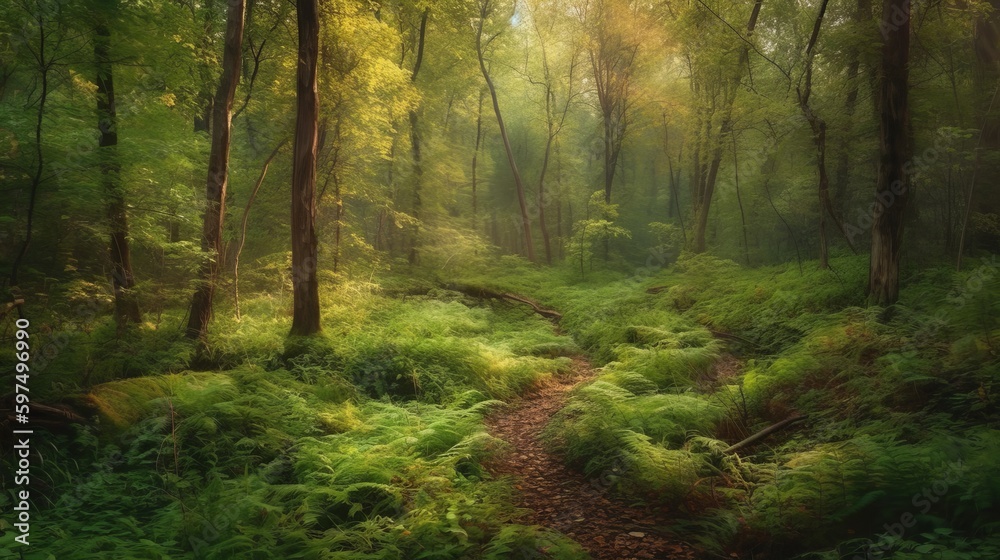 Obraz premium Subtle shades of green in a forest landscape. AI generated
