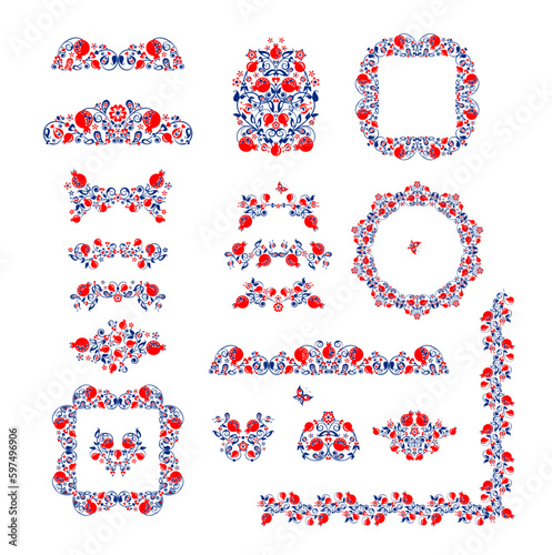 Ethnic huge collection or set with pomegranate floral red and navy blue ornate pattern for fashion fancywork, book page decoration and wedding invitation