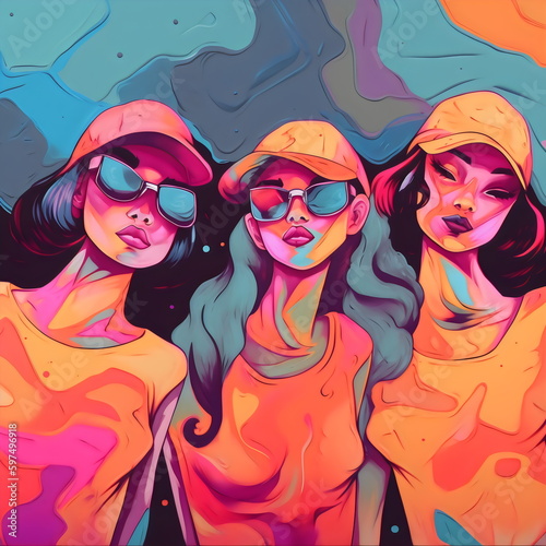 colorful neon illustration 3 popular girls with hats and sunglasses, trendy vibes, made with generative ai	
