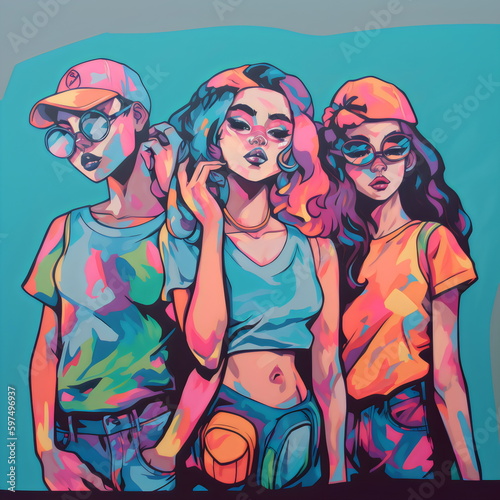 colorful neon illustration of group 3 popular girls with trendy vibes  made with generative ai 