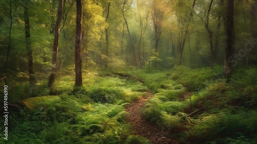 Subtle shades of green in a forest landscape. AI generated