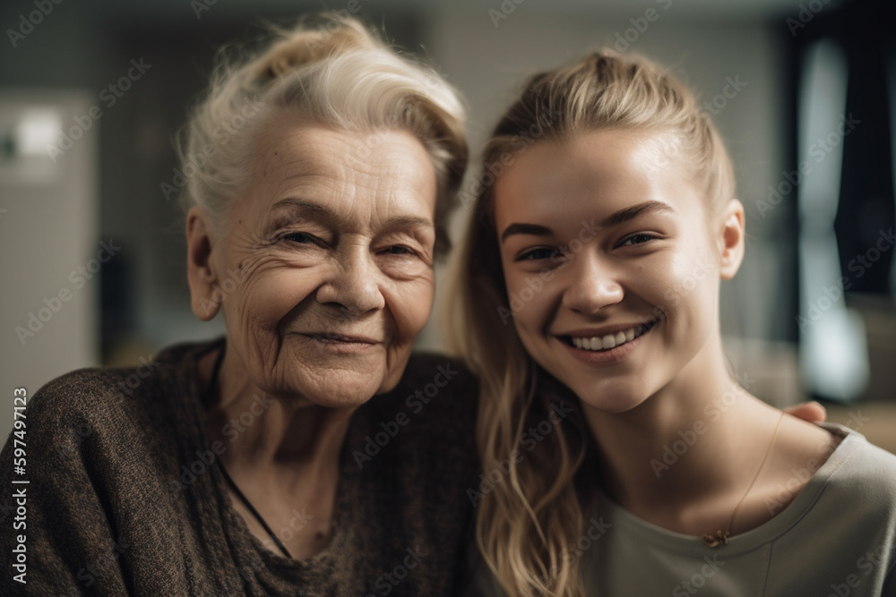 smiling female caregiver with elderly woman or daughter and elderly mother, grandma and adult daughter. Generative AI