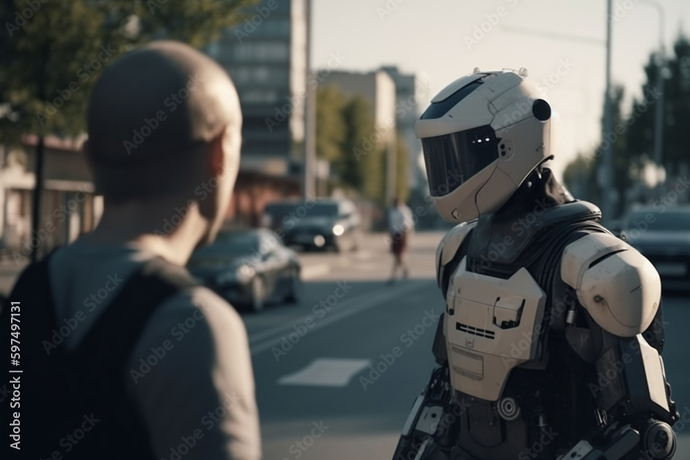 a robot policeman warns or controls a pedestrian, autonomous robot with artificial intelligence. Generative AI