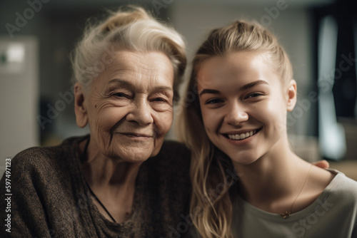 smiling female caregiver with elderly woman or daughter and elderly mother, grandma and adult daughter. Generative AI