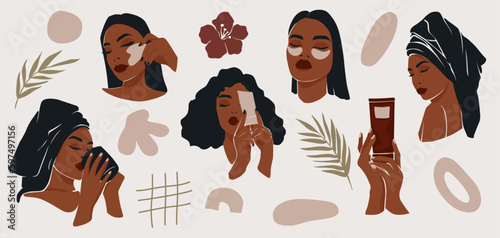 Woman Beauty Vector Set. Skincare Routine. Beautiful Girls with Face Mask, Eye Patches. Cream, Massage Gua